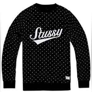 Stussy Crew Neck Sweater - Black with Silver Polka Dot and Silver logo - Medium